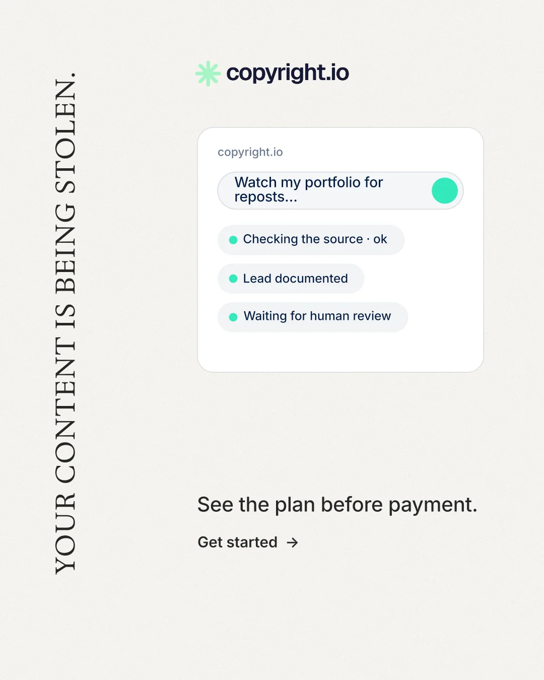 Instagram portrait post for copyright.io: "Your content is being stolen." Minimal luxury style, vertical layout, light palette in white.