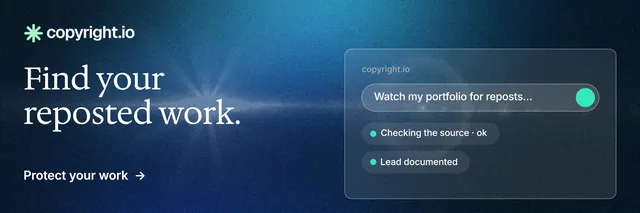 X header for copyright.io: "Find your reposted work." Minimal luxury style, bottom layout, dark palette in blue, black.