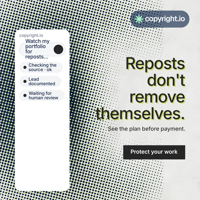 Instagram post for copyright.io: "Reposts don't remove themselves." Swiss style, right layout, light palette in grey, white.