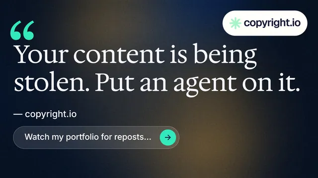 Landscape graphic for copyright.io: "Find your reposted work." Agentic glass style, quote layout, dark palette in black, blue, grey.