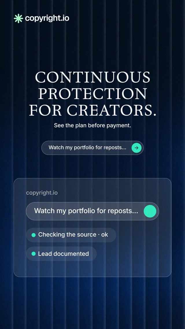 Instagram story for copyright.io: "Continuous protection for creators." Agentic glass style, centred layout, dark palette in black, blue.