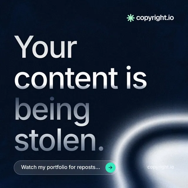 Instagram post for copyright.io: "Your content is being stolen." Agentic glass style, poster layout, dark palette in black, grey.
