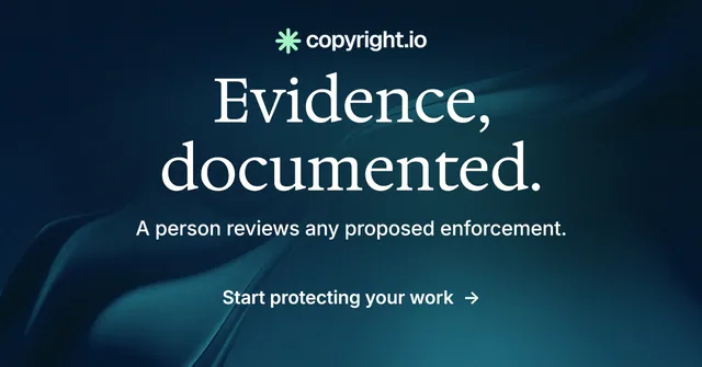 Social ad for copyright.io: "Evidence, documented." Minimal luxury style, centred layout, dark palette in black, blue, grey.