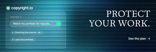 X header for copyright.io: "Protect your work." Minimal luxury style, right layout, dark palette in black, blue, teal.