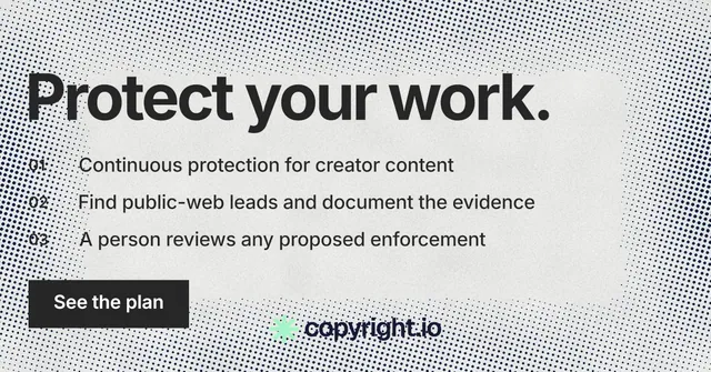 Social ad for copyright.io: "Protect your work." Swiss style, numbered layout, light palette in grey, white.