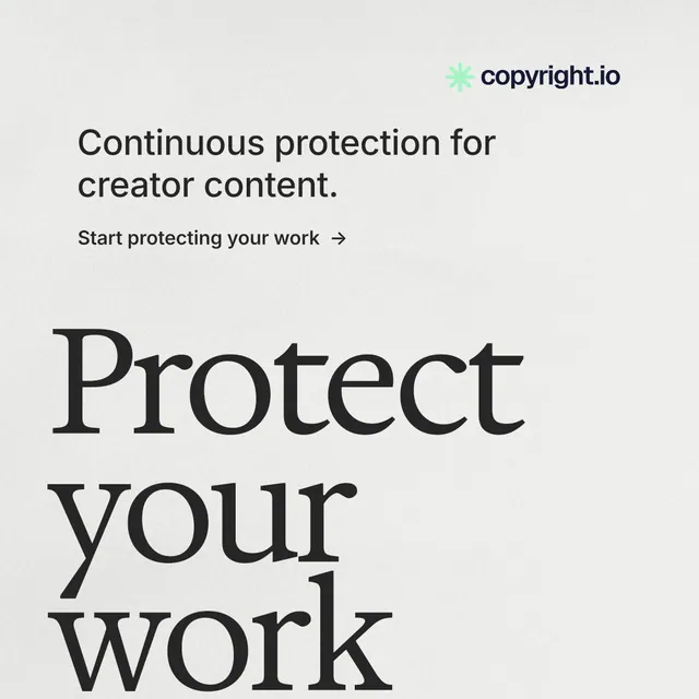Instagram post for copyright.io: "Reposts don't remove themselves." Minimal luxury style, oversized layout, light palette in white, grey.