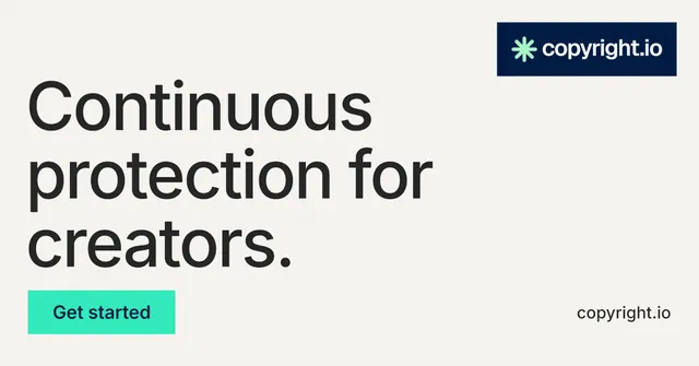 Social ad for copyright.io: "Continuous protection for creators." Swiss style, poster layout, light palette in white, grey.