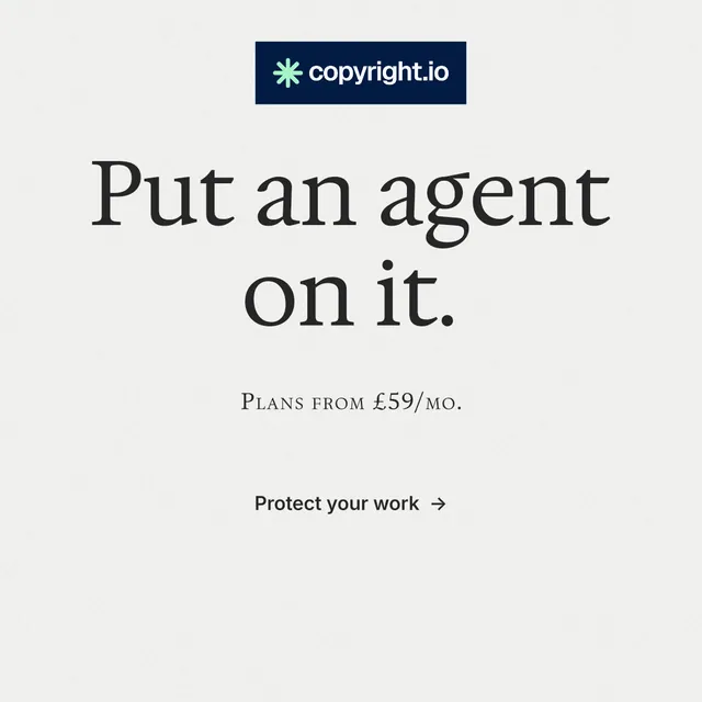 Instagram post for copyright.io: "Put an agent on it." Minimal luxury style, smallcaps layout, light palette in white, grey.