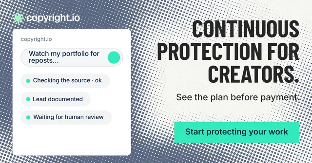 Social ad for copyright.io: "Continuous protection for creators." Retro print style, right layout, light palette in grey, white, teal.