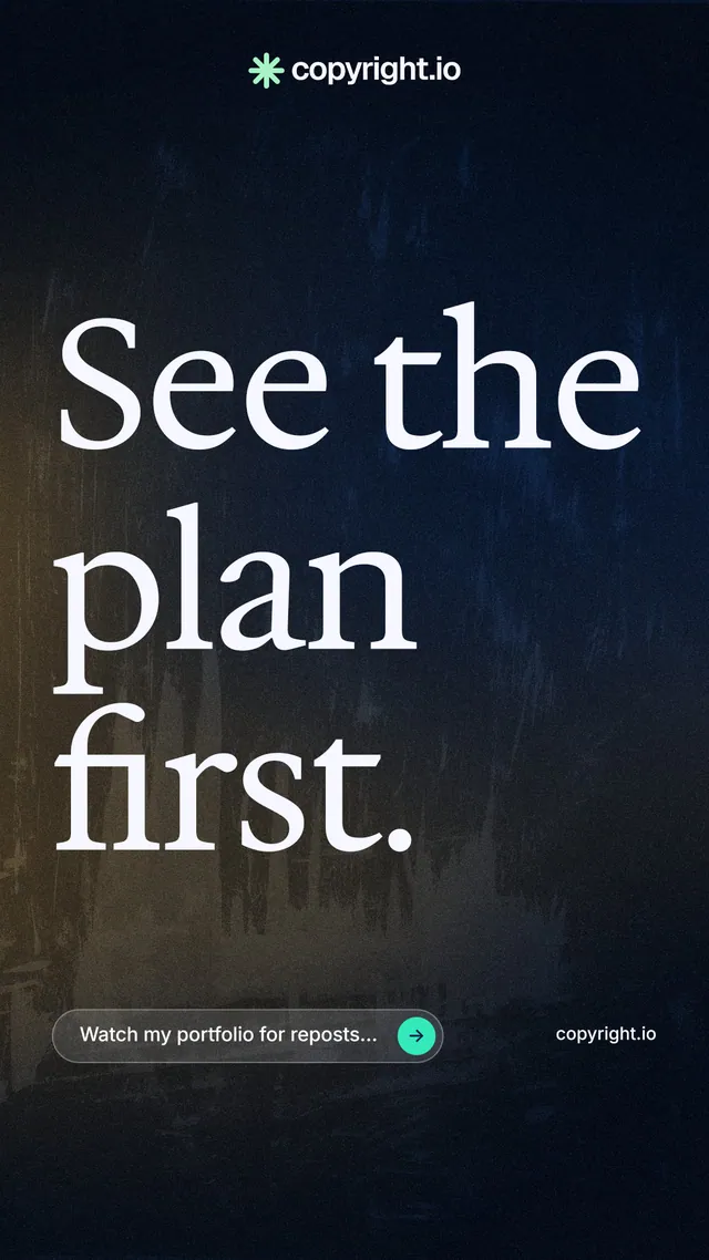 Instagram story for copyright.io: "See the plan first." Agentic glass style, poster layout, dark palette in black, blue, grey.