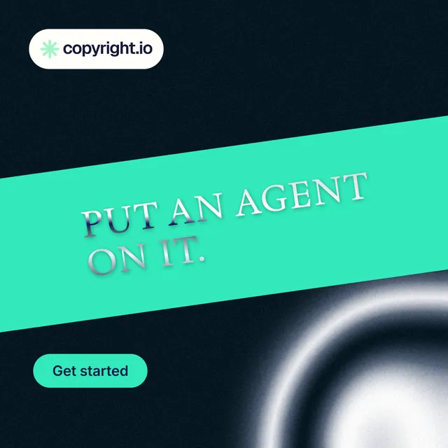 Instagram post for copyright.io: "Put an agent on it." Y2K style, diagonal layout, dark palette in black, teal.