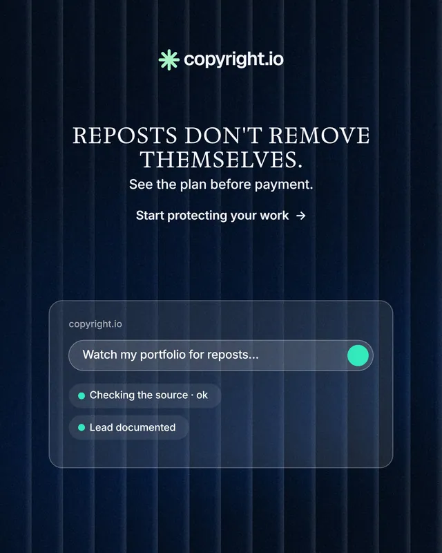Instagram portrait post for copyright.io: "Reposts don't remove themselves." Minimal luxury style, centred layout, dark palette in black, blue.
