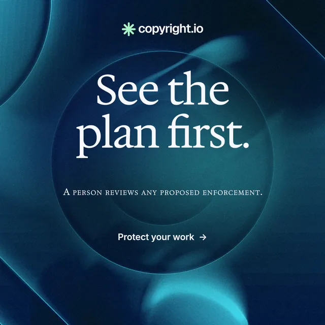 Instagram post for copyright.io: "See the plan first." Minimal luxury style, smallcaps layout, dark palette in blue, black.