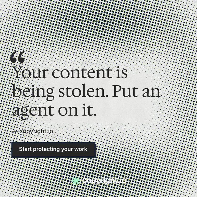 Instagram post for copyright.io: "Your content is being stolen." Brutalist style, quote layout, light palette in grey, white.