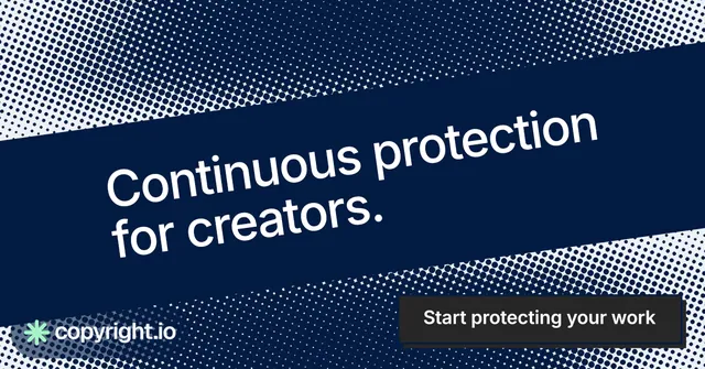 Social ad for copyright.io: "Continuous protection for creators." Brutalist style, diagonal layout, dark palette in blue, grey.