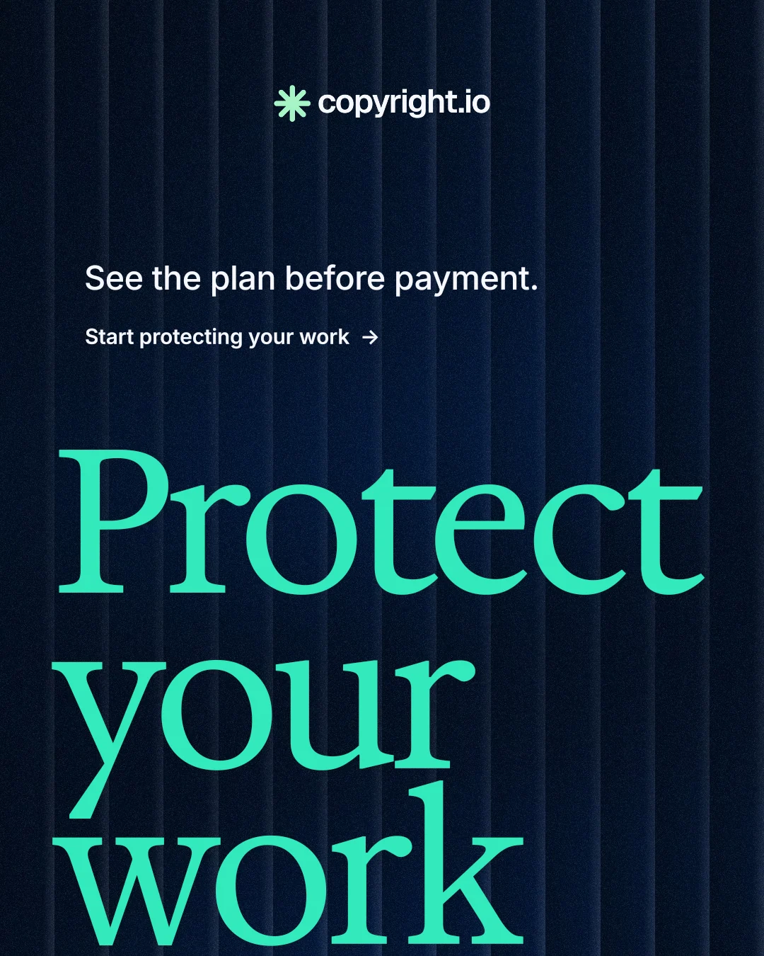 Instagram portrait post for copyright.io: "Your content is being stolen." Minimal luxury style, oversized layout, dark palette in black, teal.