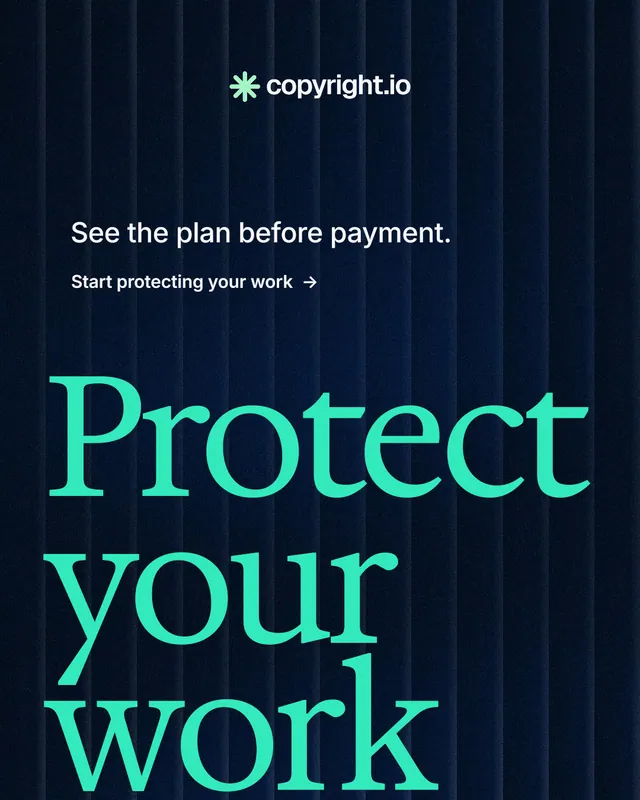 Instagram portrait post for copyright.io: "Your content is being stolen." Minimal luxury style, oversized layout, dark palette in black, teal.