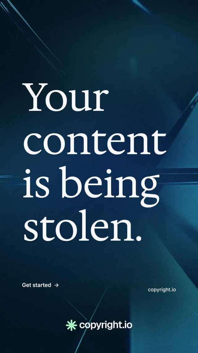 Instagram story for copyright.io: "Your content is being stolen." Minimal luxury style, poster layout, dark palette in blue, black.