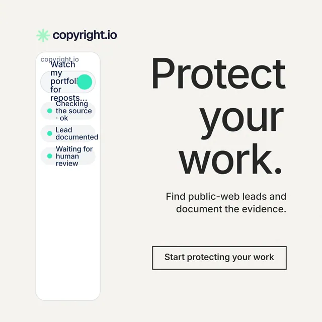 Instagram post for copyright.io: "Protect your work." Editorial style, right layout, light palette in white, grey.
