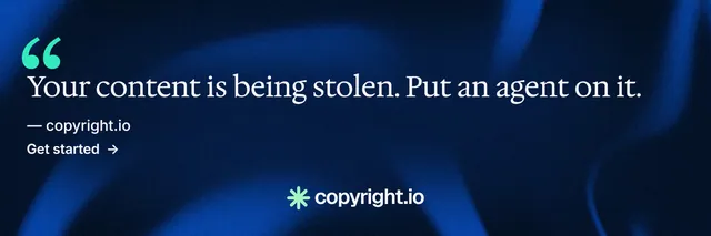 X header for copyright.io: "Protect your work." Minimal luxury style, quote layout, dark palette in black, blue.