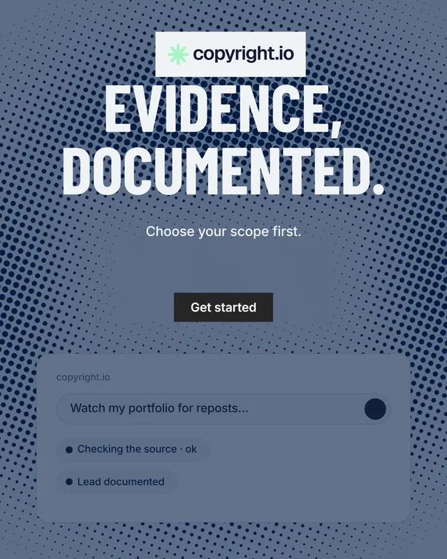 Instagram portrait post for copyright.io: "Evidence, documented." Retro print style, centred layout, dark palette in blue, grey.