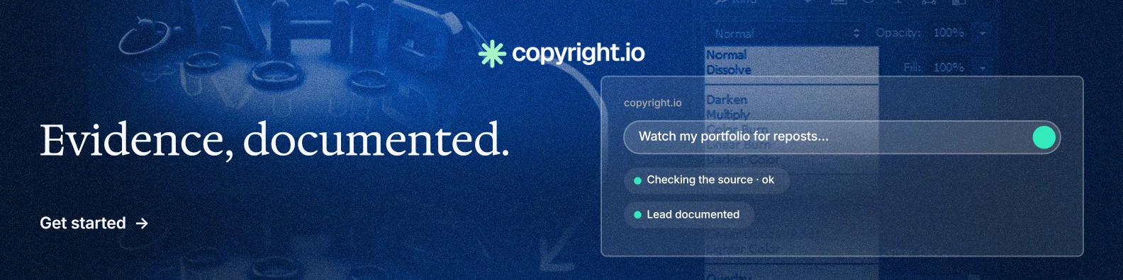 LinkedIn banner for copyright.io: "Evidence, documented." Minimal luxury style, bottom layout, dark palette in blue.