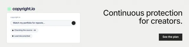 LinkedIn banner for copyright.io: "Continuous protection for creators." Swiss style, right layout, light palette in white.