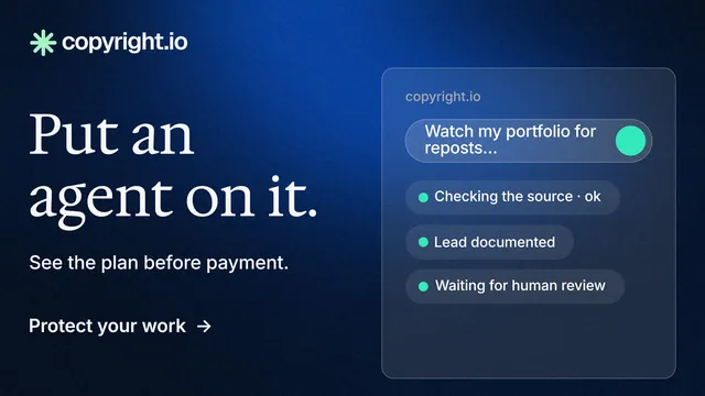 Landscape graphic for copyright.io: "Put an agent on it." Minimal luxury style, bottom layout, dark palette in black, blue.