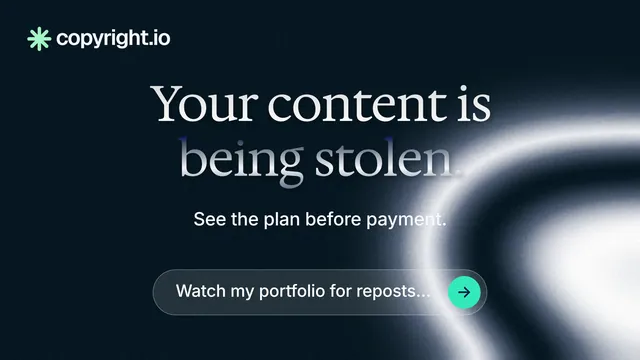 Landscape graphic for copyright.io: "Your content is being stolen." Agentic glass style, centred layout, dark palette in black, grey, blue.