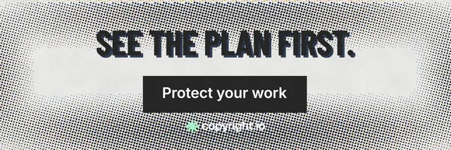 X header for copyright.io: "See the plan first." Retro print style, skeleton layout, light palette in grey, white.