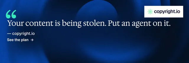 X header for copyright.io: "Find your reposted work." Minimal luxury style, quote layout, dark palette in blue, black.
