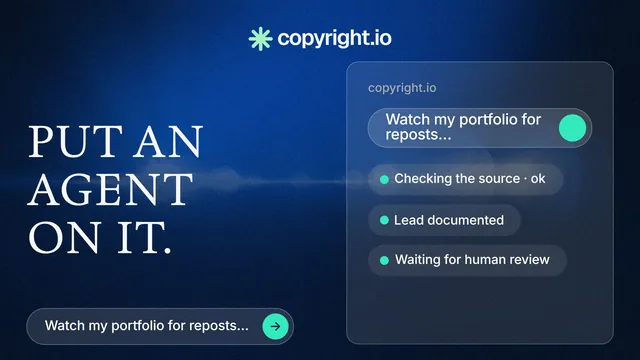 Landscape graphic for copyright.io: "Put an agent on it." Agentic glass style, bottom layout, dark palette in blue, black.