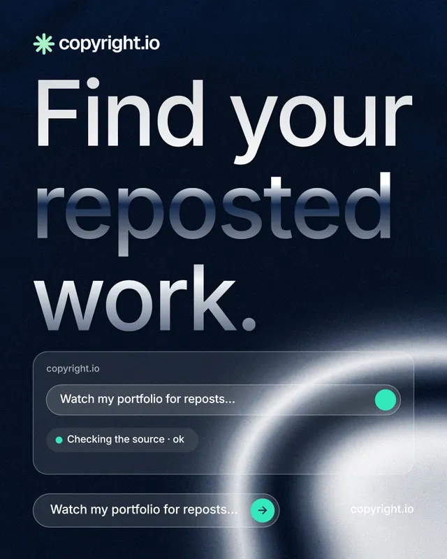 Instagram portrait post for copyright.io: "Find your reposted work." Agentic glass style, poster layout, dark palette in blue, black, grey.