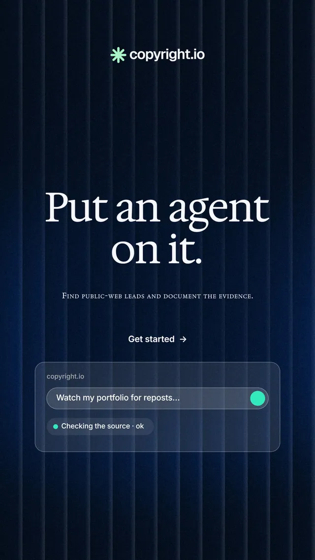 Instagram story for copyright.io: "Put an agent on it." Minimal luxury style, smallcaps layout, dark palette in black, blue.