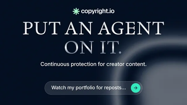 Landscape graphic for copyright.io: "Put an agent on it." Agentic glass style, centred layout, dark palette in black, grey, blue.