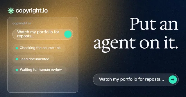 Social ad for copyright.io: "Put an agent on it." Agentic glass style, right layout, dark palette in black, grey, orange.