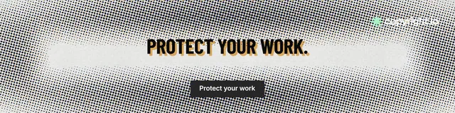 LinkedIn banner for copyright.io: "Protect your work." Retro print style, centred layout, light palette in grey, white.