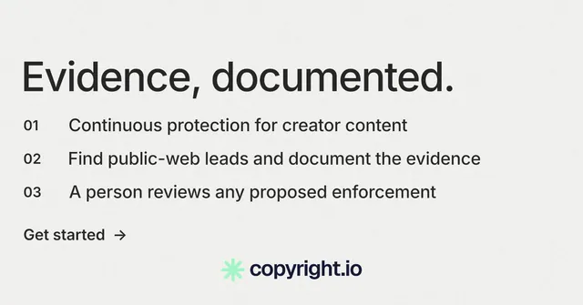 Social ad for copyright.io: "Evidence, documented." Minimal luxury style, numbered layout, light palette in white.