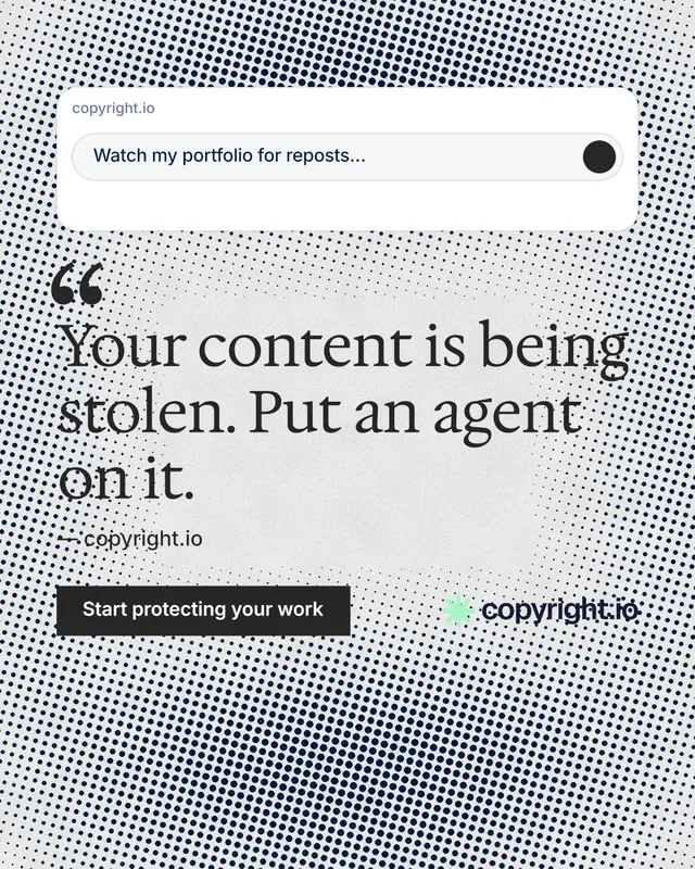 Instagram portrait post for copyright.io: "Your content is being stolen." Retro print style, quote layout, light palette in grey, white.