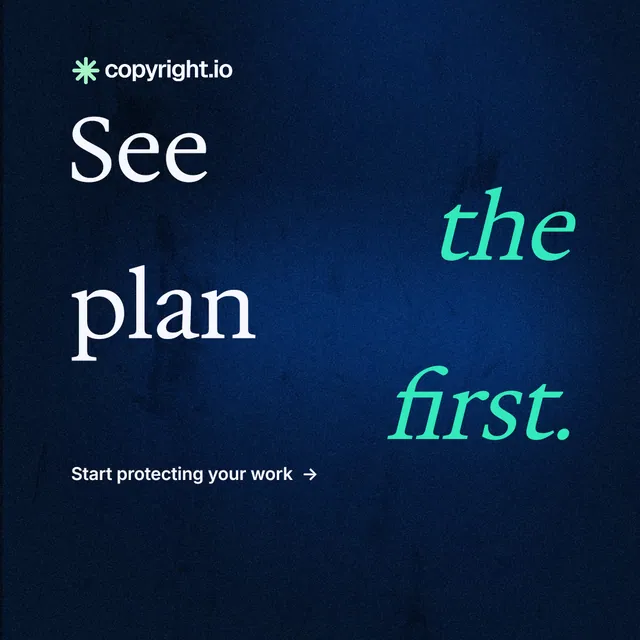 Instagram post for copyright.io: "See the plan first." Minimal luxury style, stacked layout, dark palette in blue, black.