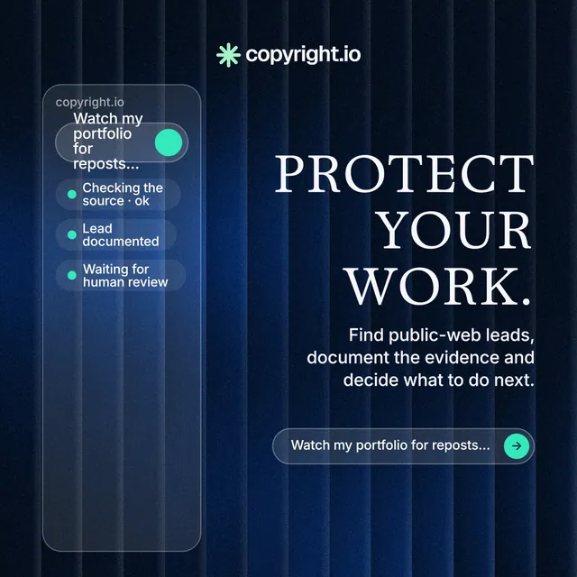 Instagram post for copyright.io: "Protect your work." Agentic glass style, right layout, dark palette in blue, black.