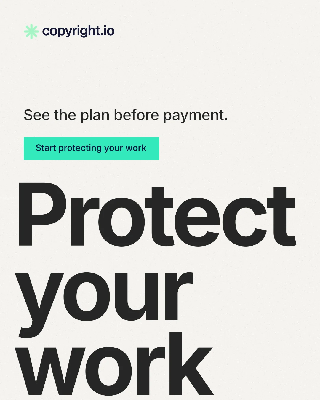 Instagram portrait post for copyright.io: "Reposts don't remove themselves." Swiss style, oversized layout, light palette in white, grey, green.
