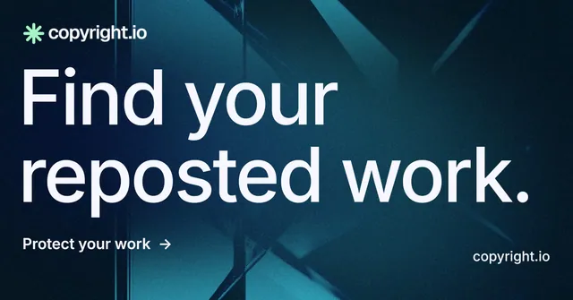 Social ad for copyright.io: "Find your reposted work." Minimal luxury style, poster layout, dark palette in blue, black.