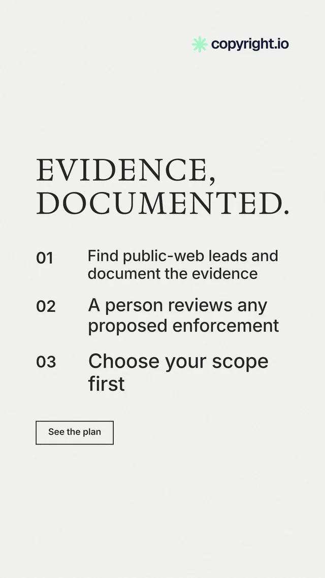 Instagram story for copyright.io: "Evidence, documented." Editorial style, numbered layout, light palette in white.