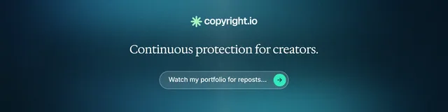 LinkedIn banner for copyright.io: "Continuous protection for creators." Agentic glass style, centred layout, dark palette in black, blue, teal.