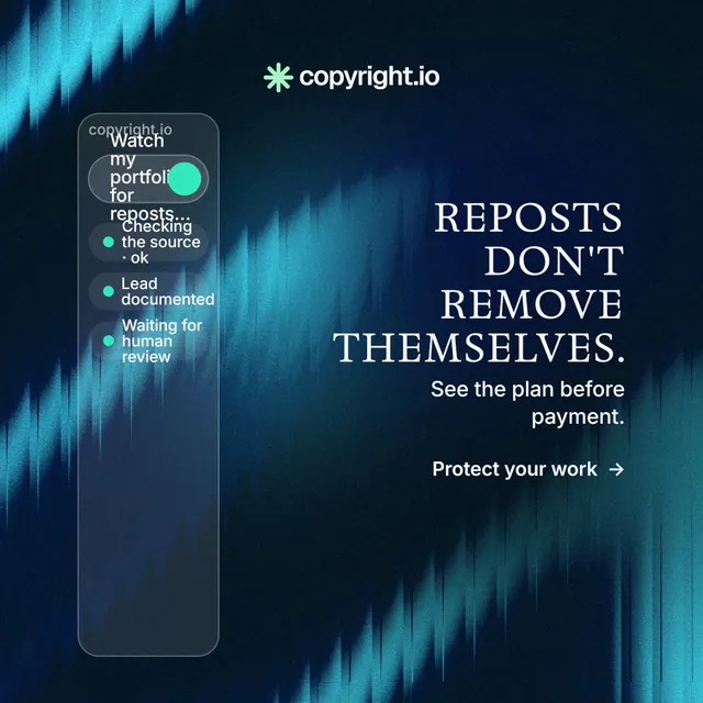 Instagram post for copyright.io: "Reposts don't remove themselves." Minimal luxury style, right layout, dark palette in blue, black.