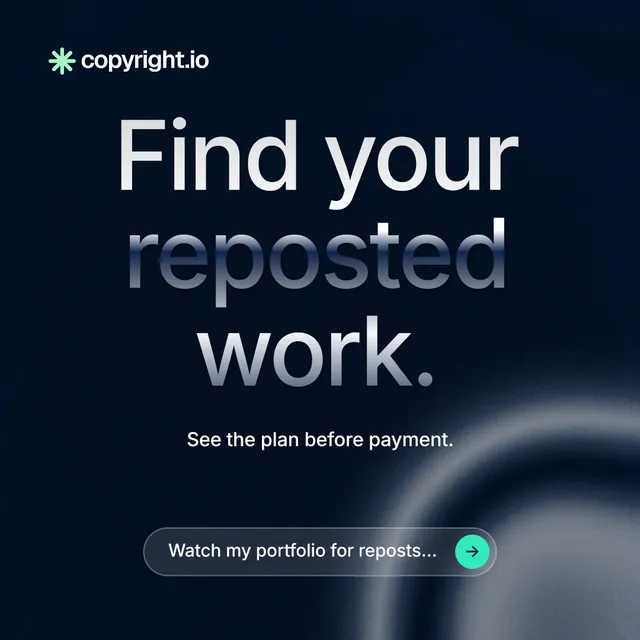 Instagram post for copyright.io: "Find your reposted work." Agentic glass style, centred layout, dark palette in black, blue, grey.