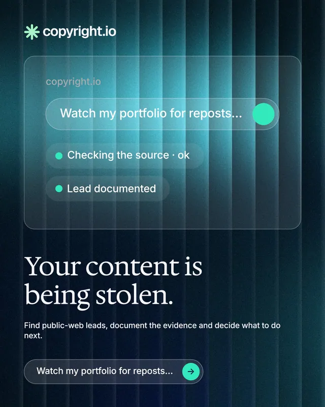 Instagram portrait post for copyright.io: "Your content is being stolen." Agentic glass style, bottom layout, dark palette in blue, black, teal.