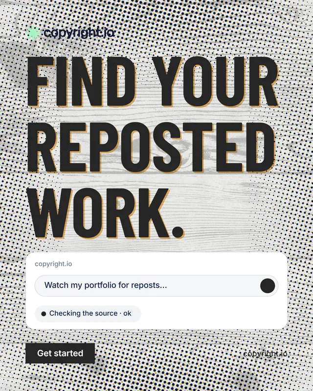Instagram portrait post for copyright.io: "Find your reposted work." Retro print style, poster layout, light palette in grey, white.