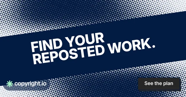 Social ad for copyright.io: "Find your reposted work." Brutalist style, diagonal layout, dark palette in blue, grey.